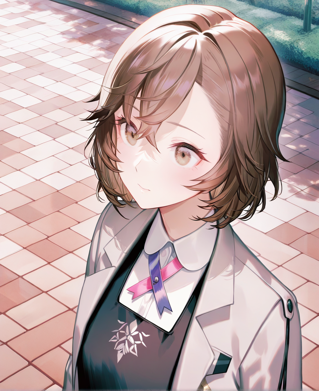 artist:gomzi,artist:wanke,artist:diyokama, rei_(sanbonzakura),[[artist:fuzichoco]],year 2023, 
solo,
amamoto ayana, brown eyes, brown hair, short hair, collar, neck ribbon, black dress, grey blazer, medal, 
upper body, park, 