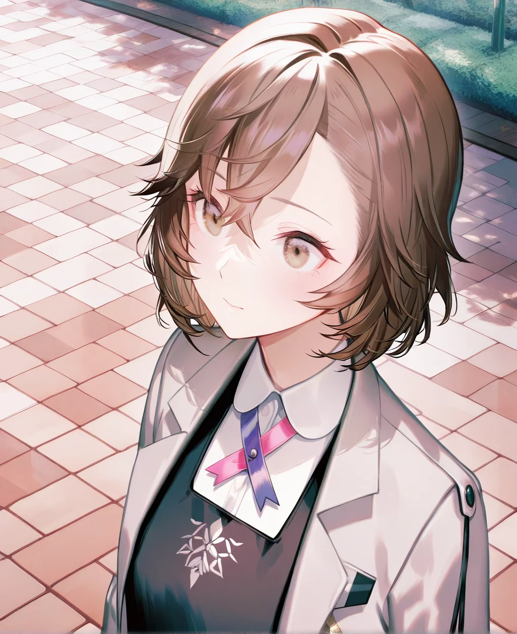 artist:gomzi,artist:wanke,artist:diyokama, rei_(sanbonzakura),[[artist:fuzichoco]],year 2023, 
solo,
amamoto ayana, brown eyes, brown hair, short hair, collar, neck ribbon, black dress, grey blazer, medal, 
upper body, park, 