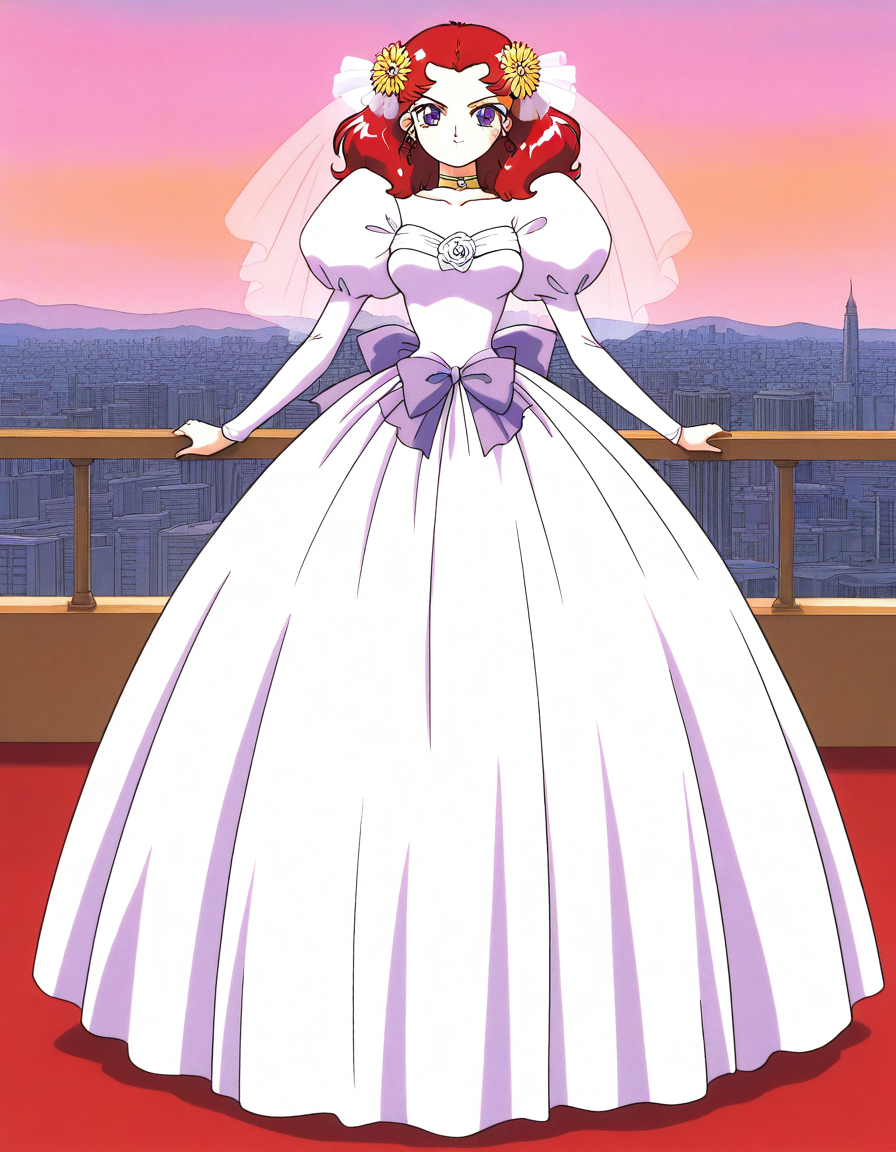 general,highres, ultra-detailed,very aesthetic,best quality ,best hands,  BREAK <lora:Scarlett_ohara_IS:1> Scarlett_ohara, 1girl,solo, red hair, long hair, purple eyes, breasts, 1990s (style), anime coloring, 
wedding dress, veil, flower, hair flower, choker, brown hair, 
 hair ornament, puffy sleeves, full body, white dress, bridal veil, looking at viewer, standing, smile, 
bow, long dress, bride, jewelry, black eyes, long sleeves, earrings, medium hair
day, say,  city,