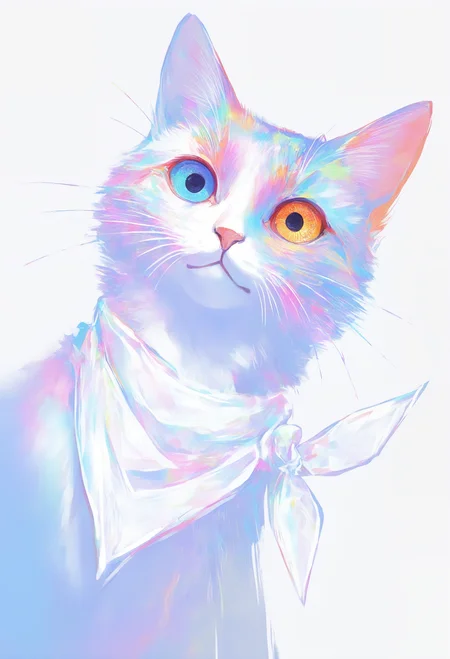 masterpiece, best quality, good quality, very awa, newest, highres, absurdres, no lineart, no outline, solo, looking_at_viewer, blue_eyes, simple_background, white_background, closed_mouth, grey_background, scarf, orange_eyes, no_humans, heterochromia, animal, cat, portrait, white_scarf, animal_focus, whiskers, paint_splatter, paint, clothed_animal, colorful, psychedelic,surreal, vivid colors,three quarter view,dutch angle,painterly, 15546+456868, ma1ma1helmes_b_illu,ckym