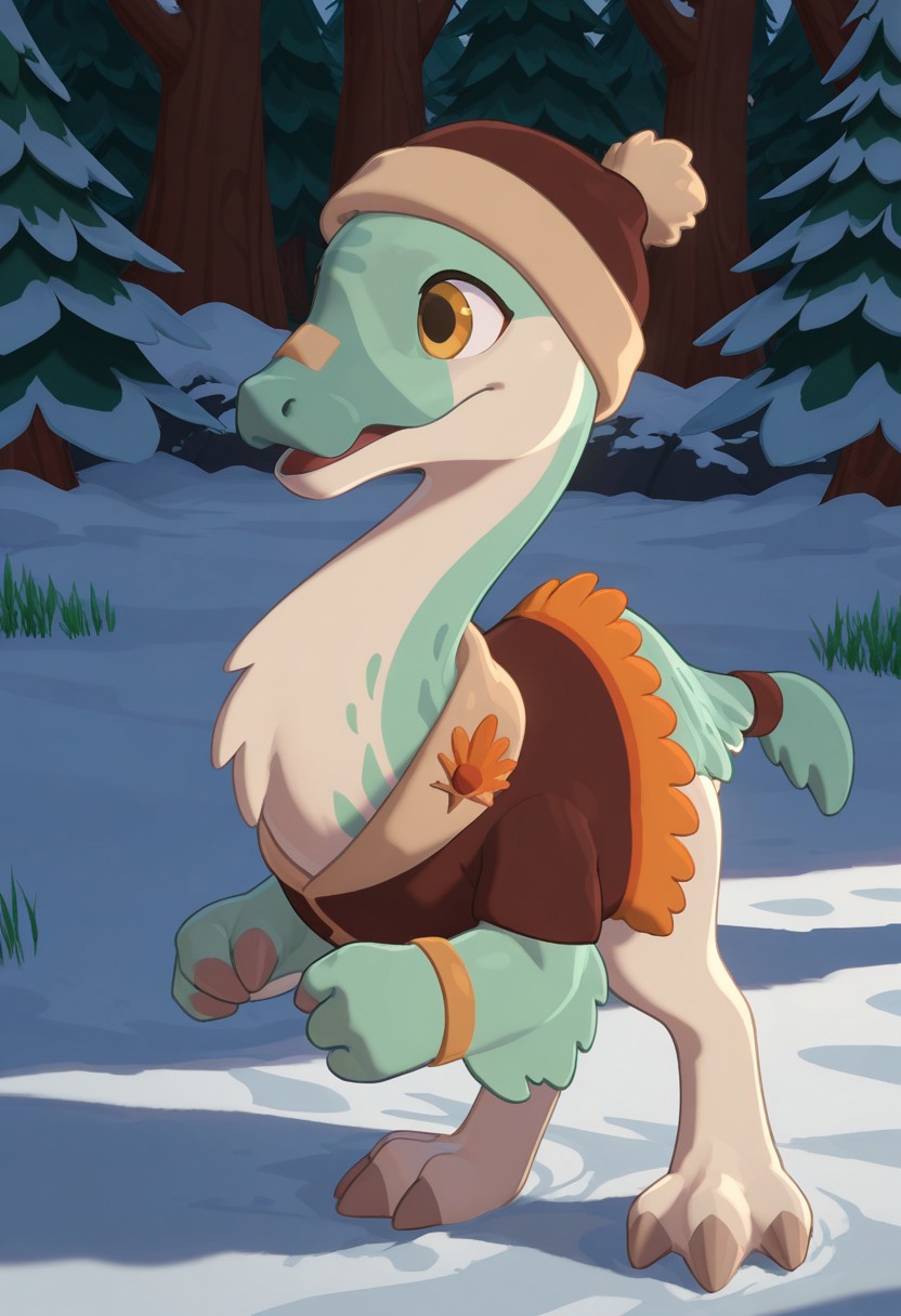 highres, absurdres, newest, masterpiece, best quality, furry, small tail, claws, 
Evander, male, feral, deinocheirus, green skin, yellow eyes, 3 fingers, 3 toes, feathered, brown jacket,, detailed eyes, professional lighting, anthro, solo,  masterpiece, winter forest, winter hat, frozen