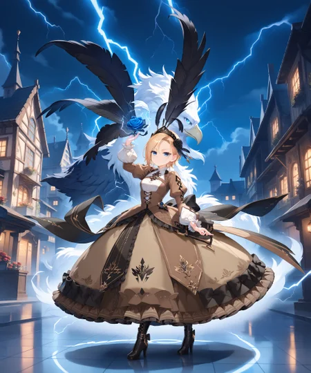 score_max, (score_9, score_8_up, score_7_up:1.2), score_6_up, official art, source_anime,
, masterpiece, absurdres, high detail, 8k,
outdoors, shadow city, night, sky, tile floor, lightning,
arm up, open hand, electrokinesis, thunderbird, bird, huge monster, creature, evil smug,
solo, eriza, short hair, blonde hair, magicamaiden, black feathers, head feather,  black hairband, hair flower, black rose, brown dress, puffy sleeves, long Sleeves, long skirt, layered skirt, brown skirt, black skirt, frills, black footwear, high heel boots
<lora:XL_Pony_MGCM-eriza-t1:1>