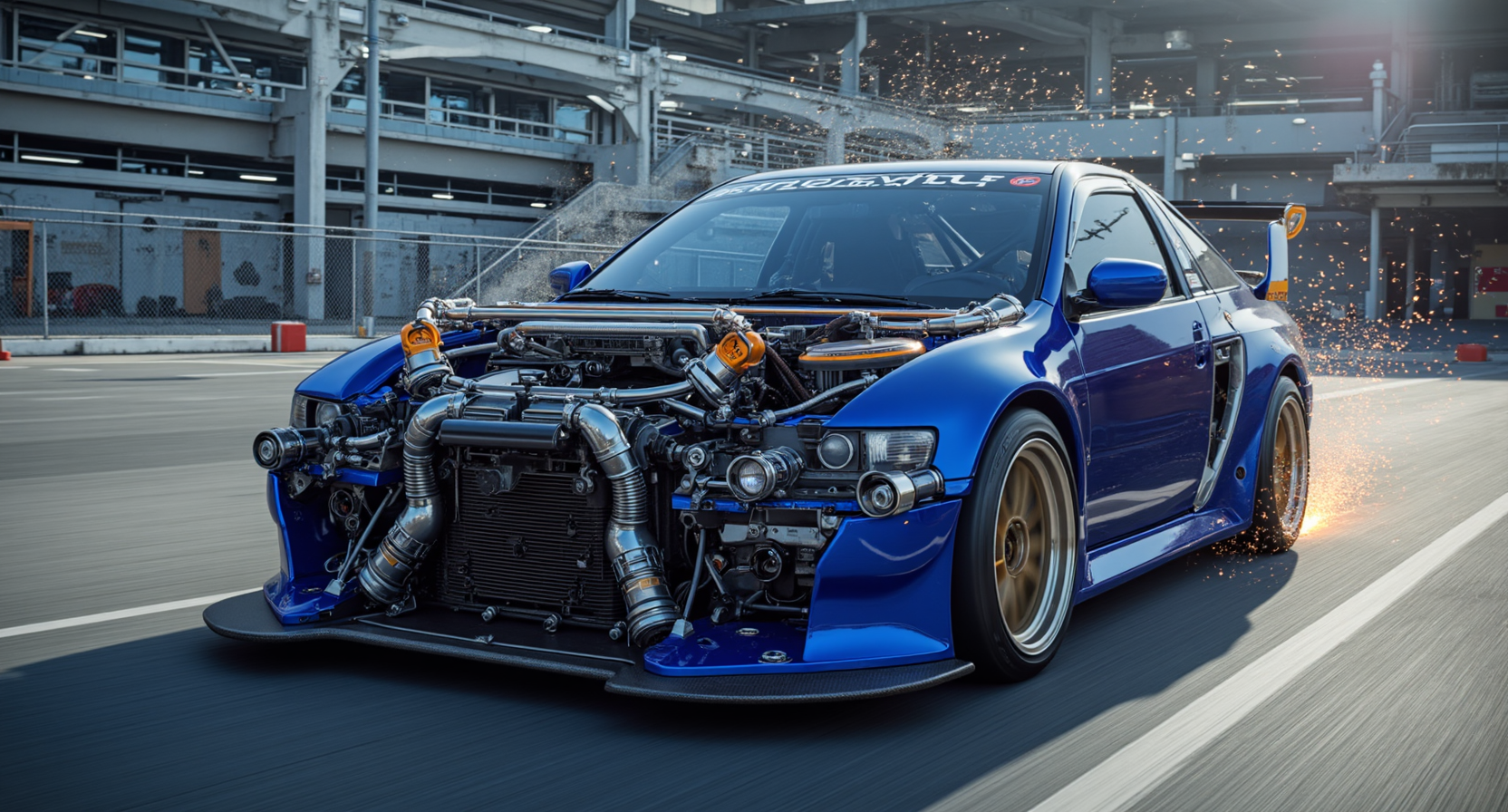 a stylized Lancer Evolution racing car in midnight blue with bold silver mechanical tubing protruding through the hood and running externally along the A-pillars, bright orange highlights on structural reinforcements and exposed roll cage segments, engine bay wide open and covered in raw alloy mechanical detailing — belts, pulleys, heat shielding, and braided hoses visible, rear wheel wells open with visible suspension tubing and servo joints, low stance with mechanical aggression, background is a Tokyo parking deck mid-race, sparks and tire smoke trailing in the air, skyline reflections shimmer across the car’s surface, photoreal, vivid but not oversaturated  








mg-mk.1