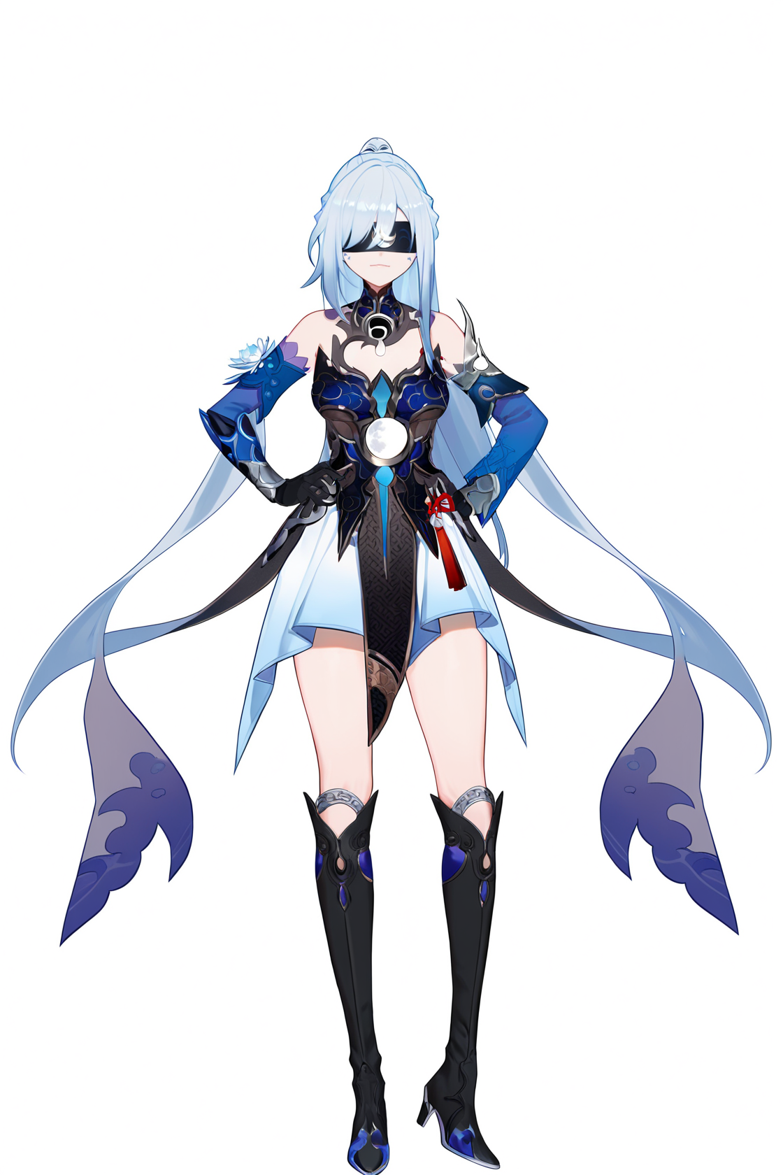 8k, best quality, masterpiece, (ultra-detailed), (high detailed skin), (by nanoless, by misumi \(macaroni\):0.25), 
full body, full shot, standing, looking at viewer, (solo:1.2), simple background, white background, hand on own hip, solo, 
<lora:jingliu-a3-Tanger-000014:1>, jinliu, default clothes, silver hair, blue and white chinese  dress, Blindfold with crescent marking, 1girl, eyepatch, long hair, boots, black gloves, bangs, bare shoulders, ponytail, black footwear, covered eyes, Blindfold, 
A full-body portrait of a young girl, standing gracefully, pastel art style, high-key lighting, shoujo manga influence, hd quality, delicate details,