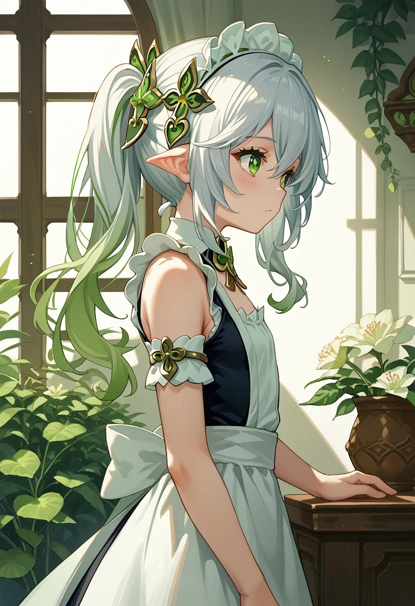 1girl,
nahida, my nahida, genshin,
skinny,
maid headdress, maid,
blush,
indoor,
from side,
detailed eye, detailed face, detailed skin,
score_9, score_8_up, score_7_up,source_anime,