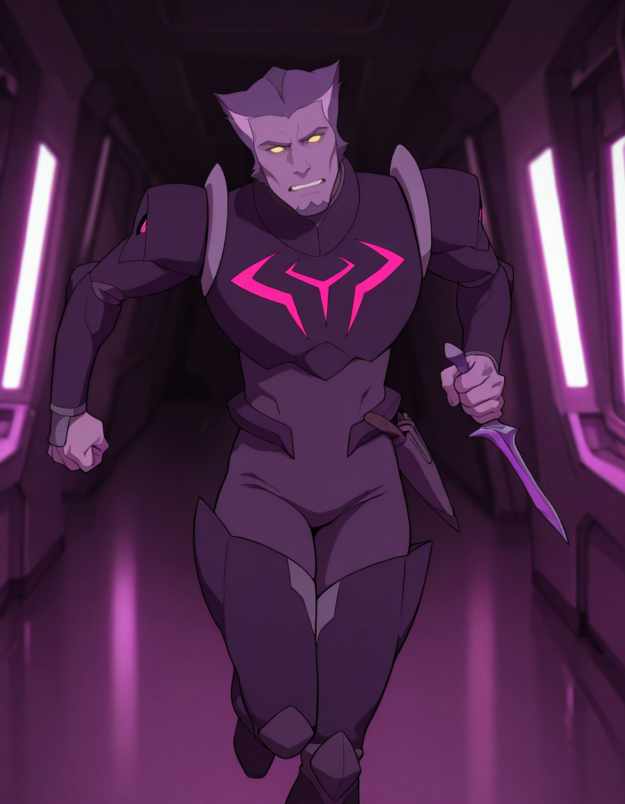 masterpiece, best quality, newest, detailed background, intricate details, male focus, realistic, solo, <lora:VLD - Thace - Illustrious-000007:0.8>,  vld_thace, 1boy, very short hair, multicolored hair, purple body fur, yellow eyes, glowing eyes, solid eyes, no pupils, no ears, goatee, body suit, breastplate, shoulder armor, arm guards, spacecraft interior, gritting teeth, looking at viewer, head tilt. leg guards, boots, holding purple dagger, running, swinging dagger