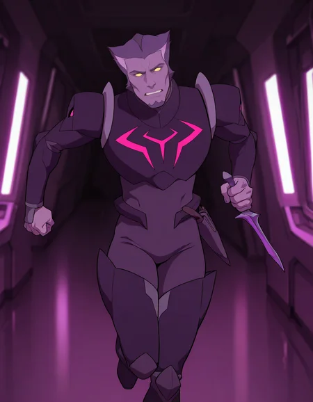 masterpiece, best quality, newest, detailed background, intricate details, male focus, realistic, solo, <lora:VLD - Thace - Illustrious-000007:0.8>,  vld_thace, 1boy, very short hair, multicolored hair, purple body fur, yellow eyes, glowing eyes, solid eyes, no pupils, no ears, goatee, body suit, breastplate, shoulder armor, arm guards, spacecraft interior, gritting teeth, looking at viewer, head tilt. leg guards, boots, holding purple dagger, running, swinging dagger