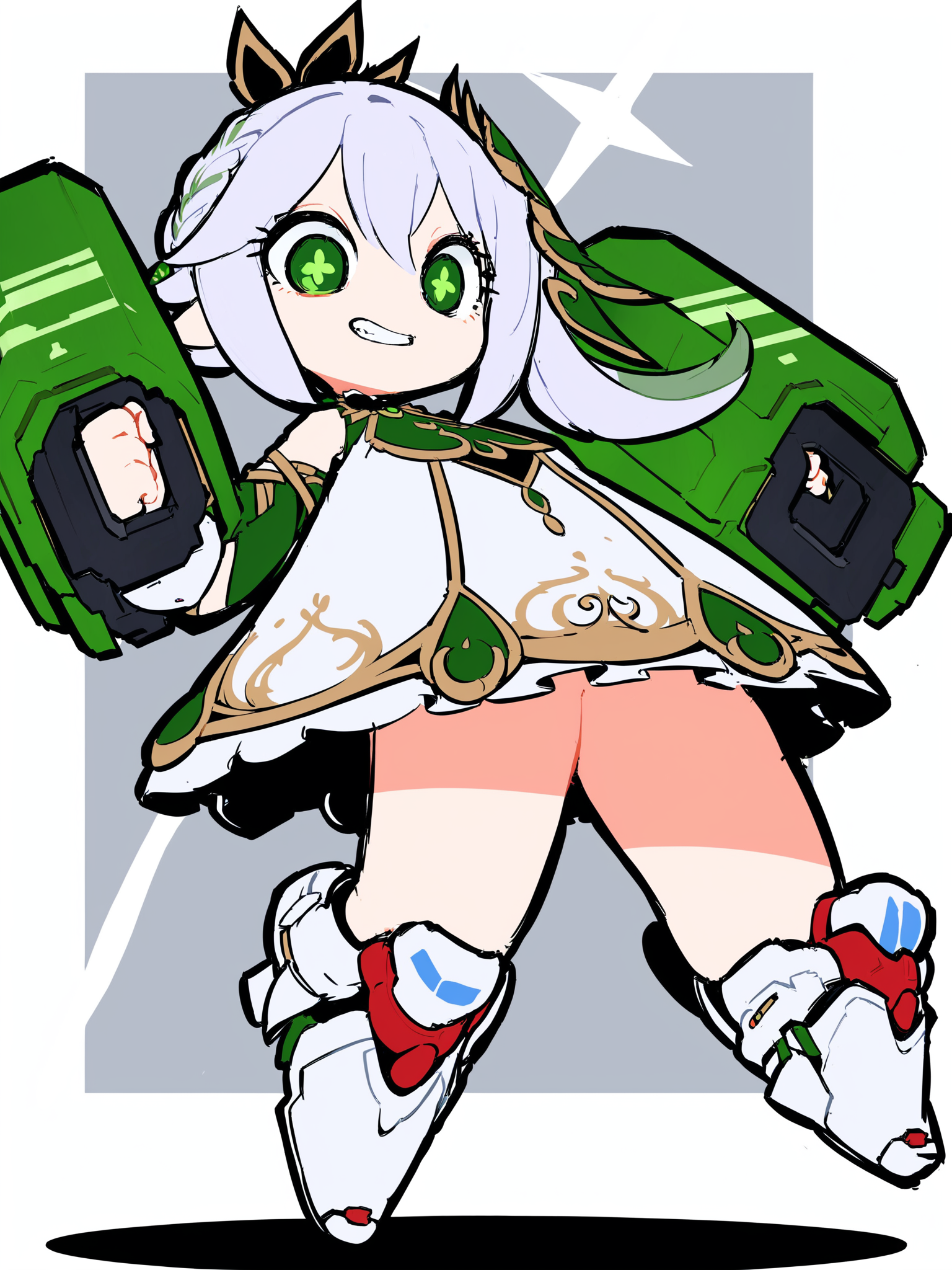 masterpiece, best quality, <lora:style37-xl-a3.1:1>,full body,mecha musume,green mecha,
1girl,solo,nahida \(genshin impact\), grin,