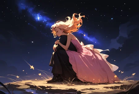 score_9, score_8_up, score_7_up, score_6_up, 1girl, ethereal, rated_safe, full body, floating, celestial beauty, fetal position, slinky night gown made of cosmic dust, swirling clouds of dark matter enfold her, cosmic background,trippy pink stars, shooting stars