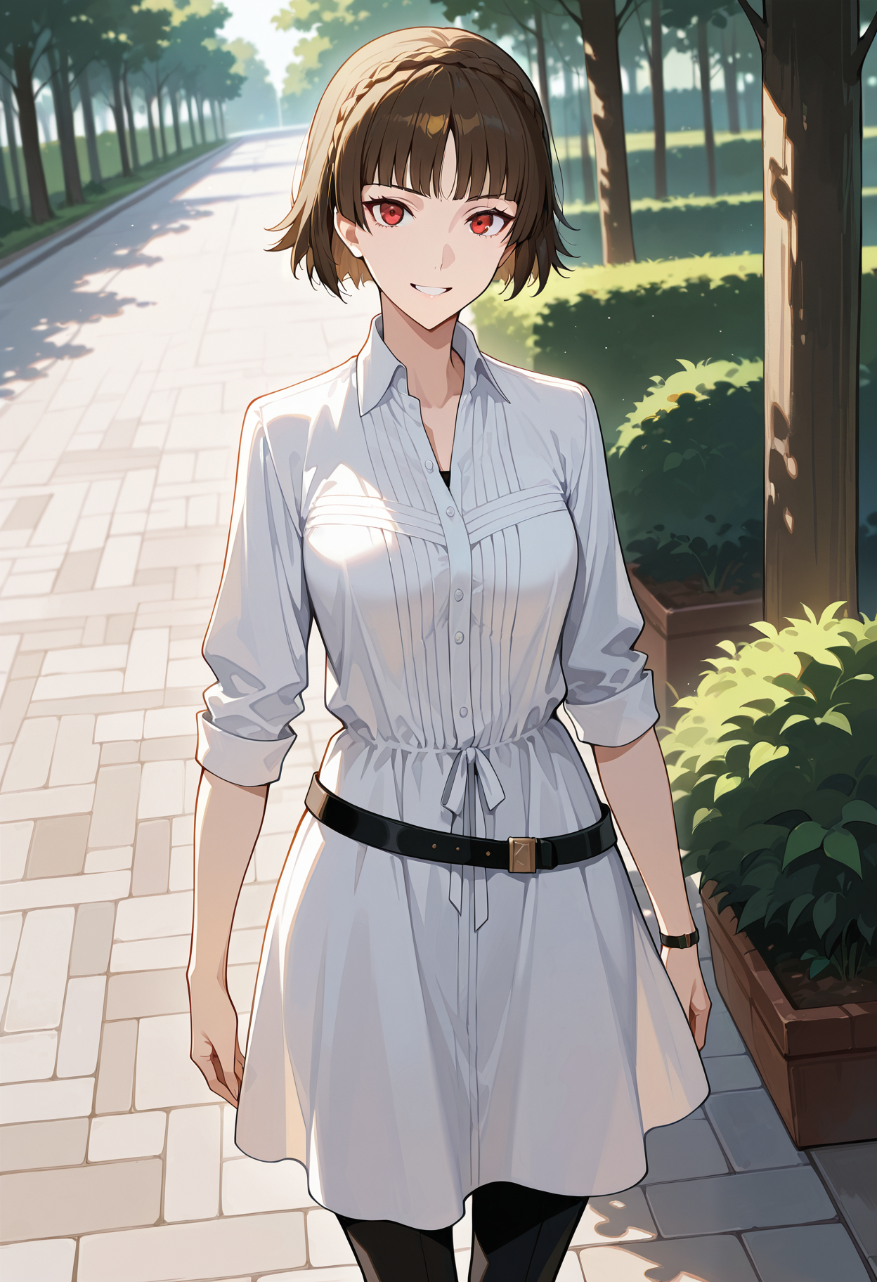 (masterwork, masterpiece, best quality, hyper-detailed :1.2)
1 girl, solo
p5makoto, niijima makoto, brown hair, blunt bangs, crown braid, red eyes,
p5makoto-sumcas, shirtdress, dress, white dress, open collar, black pants, capri pants, black belt, thin belt, loose belt, 
outside, park, trees, greenery, standing, smile, teeth, looking at viewer,
