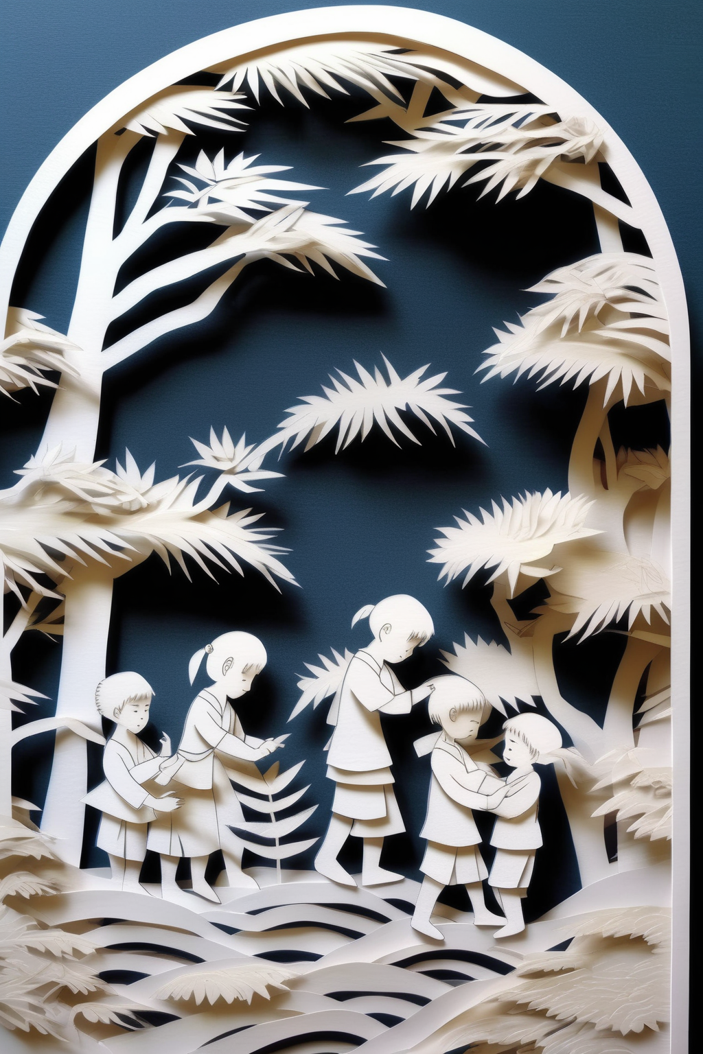 <lora:KIRIGAMI:1>KIRIGAMI - highly intricate paper cut of Asian children learning. Pages from a book. Minimalist style.
