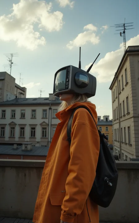 (((futuristic vibe)))
(front side view )The figure of a girl with a ((small retro futuristic TV, (with two antennas on the sides))) instead of a head, dressed in a bright orange jacket and with a black backpack, stands against the background of the cityscape.   Behind you can see old buildings with antennas, and the sky is decorated with white clouds, creating an atmosphere of a combination of retro and futurism，

highly detailed,ultra-high resolution,32K UHD,sharp focus,best-quality,masterpiece,unconventional supreme masterpiece,masterful details,depth of field,blurry background,blurry foreground,motion blur,going really fast masterpiece,deep focus,
color  graded cinematic,atmospheric  lighting,award  film grain,A shot with tension,(Visual impact,giving the poster a dynamic and visually striking appearance:1.2),impactful picture,
ultra-realistic,high dynamic range,photoreal,epic realistic,dark shot,shadows,(This is a real high-definition photo:1.1),with professional photography and high resolution，
contrast,layered colors,vivid colors,contrast,offcial art,movie perspective,very aesthetic,disheveled hair,perfect composition,intricate details,moody,epic,photorealistic,
intricate details,soothing tones,high contrast,natural skin texture,soft light,sharp,masterpiece,best quality,(ray tracing),sunlight,insanely interplay between lights and shadows,

