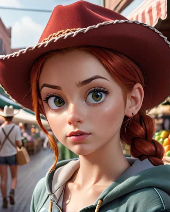 score_9, score_8, score_7, score_6, <lora:Jessie_the_Yodeling_Cowgirl_-_Toy_Story_PonyXL:1> Jes_sie, 1girl, red hair, hat, cowgirl, cleavage, hair in single braid, 1girl. Cute. Beautiful detailed eyes eyes. Full lips. Hair styled in a sideswept casual. Wearing track pants and tight short sleeved  cropped hoodie. Athletic body. Shopping at an outdoor market. Photorealistic, Natural atmospheric lighting, intricate details, 35mm photograph, film, professional, 4k visuals, highly detailed, elegant, studio quality.