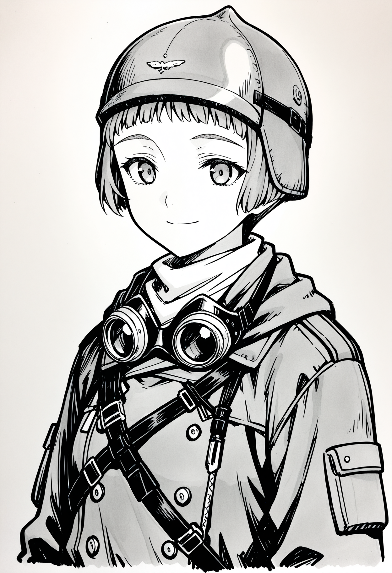 <lora:LastExileLaviIL:1>, laviehead, 
monochrome, solo, greyscale, closed mouth, upper body, smile, flighthelmet, traditional media, sketch, flightsuit, goggles around neck,
masterpiece,best quality,amazing quality,