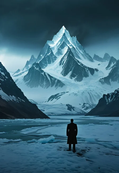 mountain range in the distance, ice covered jagged mountain peaks, eerie atmosphere, lonely weanderer looking into the distance,  at the mountains of madness, , lovecraft horror