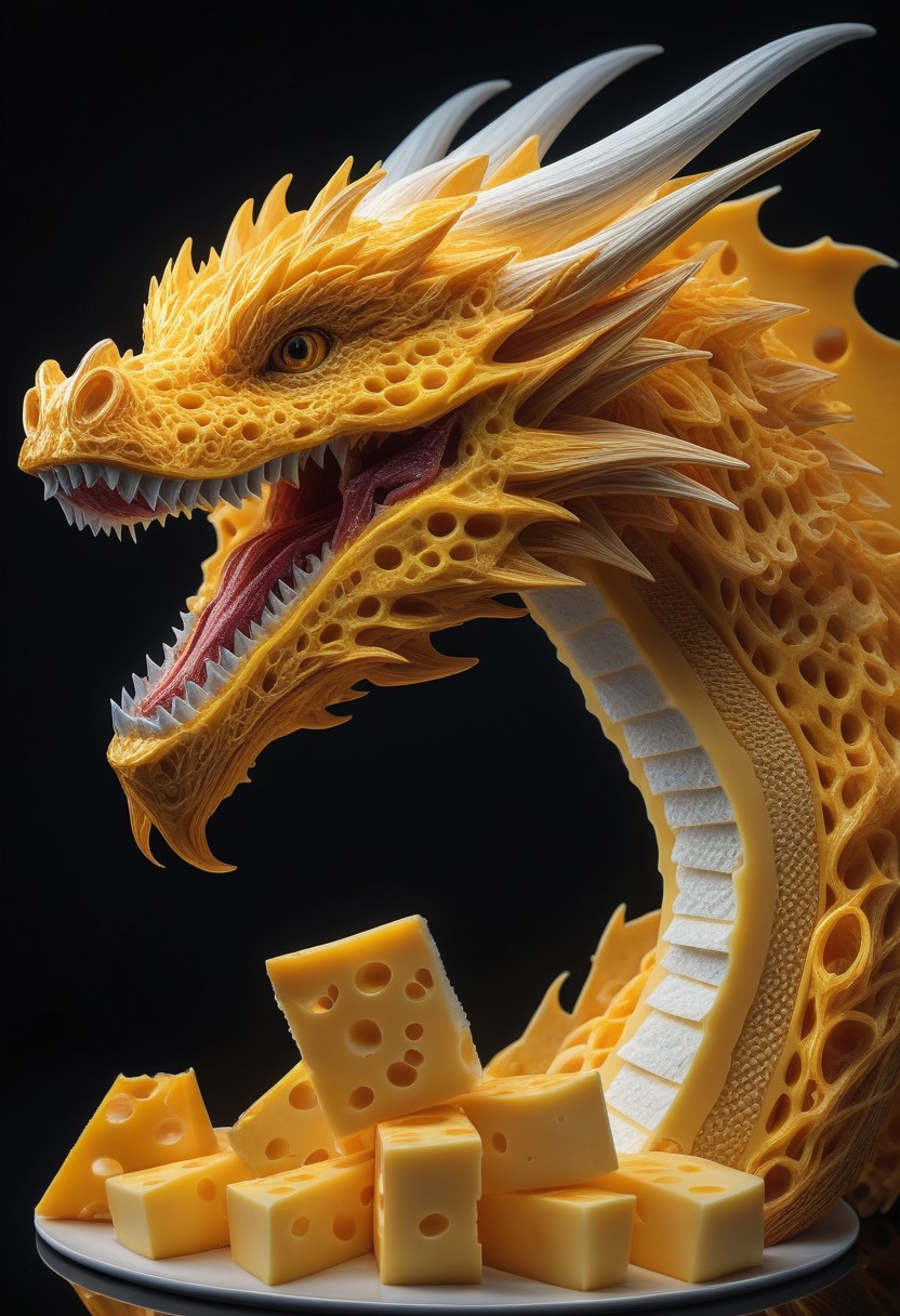 best quality, masterpiece, high resolution, intricate detailed, beautiful photo, hyper-realistic digital artwork,
dragon made of cheese,
magical fantasy artwork, ultra high quality,
