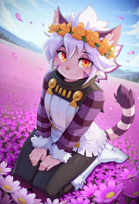 masterpiece, best quality, amazing quality, skbpnd, elh, 1girl, furry female, cat ears, red eyes, orange eyes, looking at viewer, smile, short hair, white hair, flower crown, facial mark, animal nose, striped tail, elhattire, earrings, fur trim, striped sleeves, hands on lap, white boots, black pants, sitting, on knees, outdoors, flower field, flower petals in the air, from above, dutch angle,