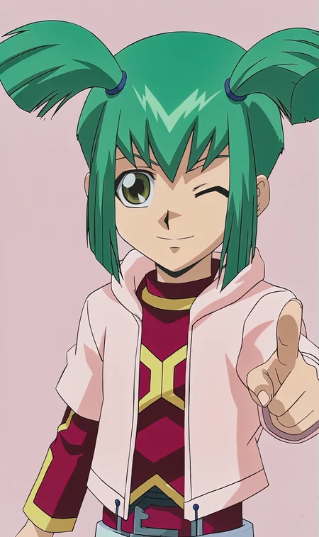 Luna, 1girl, solo, green hair, green eyes, short twintails, hair tie, pink jacket, red pattern long sleeve shirt, looking at viewer, smile, pointing at viewer, wink, pink background, simple background, anime coloring, portrait, upper body, <lora:Luna Pony XL:1>