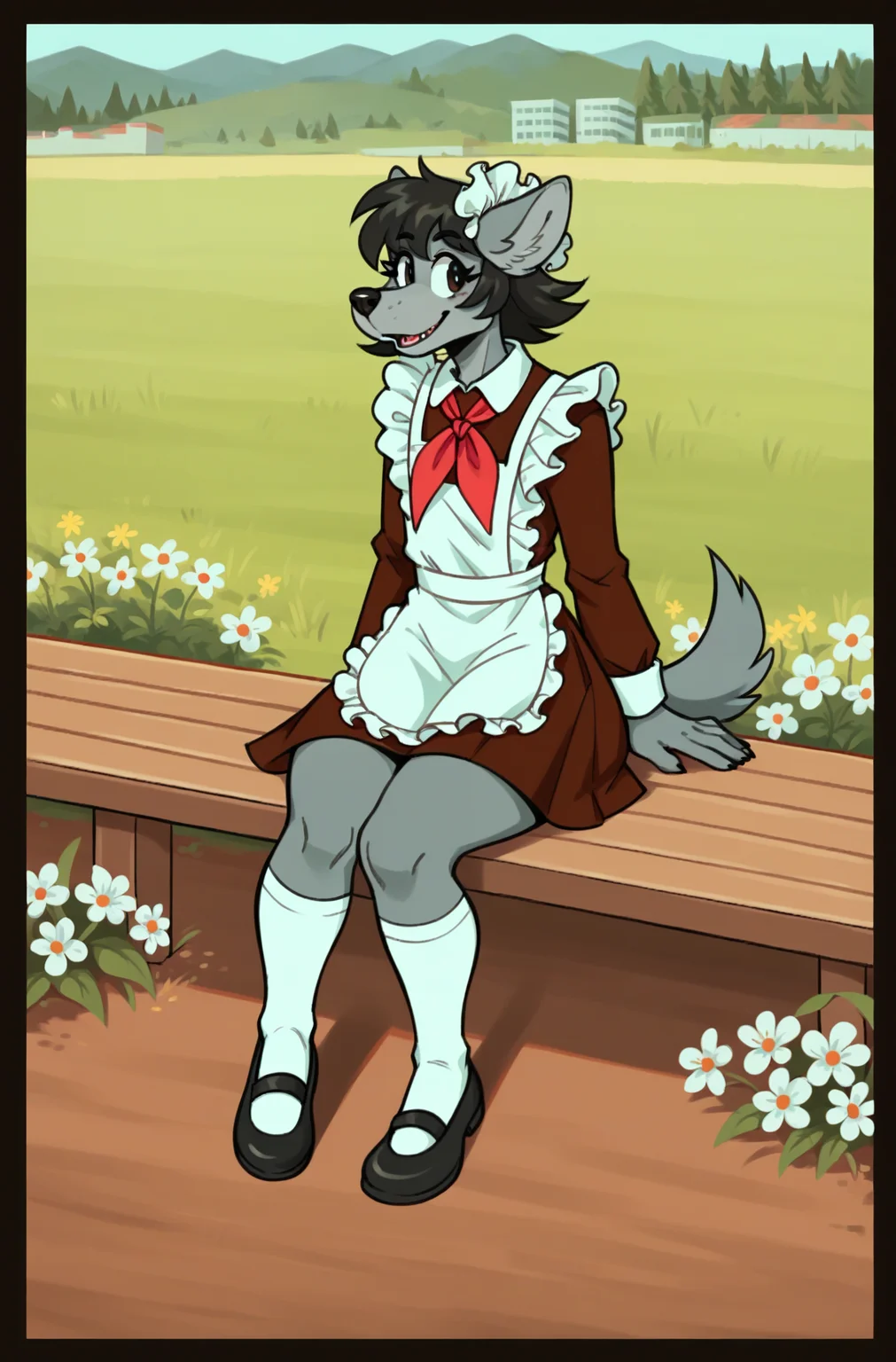 score_9, score_8_up, score_7_up, canine furry wolf character ith gray fur, anthro character, furry female, 1girl,Soviet schoolgirl uniform, frilled apron, frilled hair scrunchie, red neckerchief, white socks, shoes,sitting, field, flowers, boredthick thighs, , wide hips <lora:volk:1> <lora:Soviet_Schoolgirl_Uniform:0.7>