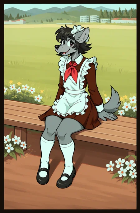 score_9, score_8_up, score_7_up, canine furry wolf character ith gray fur, anthro character, furry female, 1girl,Soviet schoolgirl uniform, frilled apron, frilled hair scrunchie, red neckerchief, white socks, shoes,sitting, field, flowers, boredthick thighs, , wide hips <lora:volk:1> <lora:Soviet_Schoolgirl_Uniform:0.7>