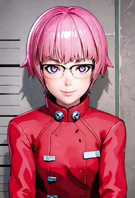 <lora:sdxl_lightning_8step_lora:1> <lora:Fixhands_anime_bdsqlsz_V1:1>score_9, score_8_up, score_7_up, source_anime, intricate details, perfect anatomy BREAK
1girl, solo, gis-esakipurin, pink hair, short hair, purple eyes, black-framed eyewear, red coat,
little smile, standing, mugshot, looking at viewer, upper body, portrait, close-up face, facing viewer, indoors,
<lora:gis-esakipurin_XL(pony)fix:0.9>