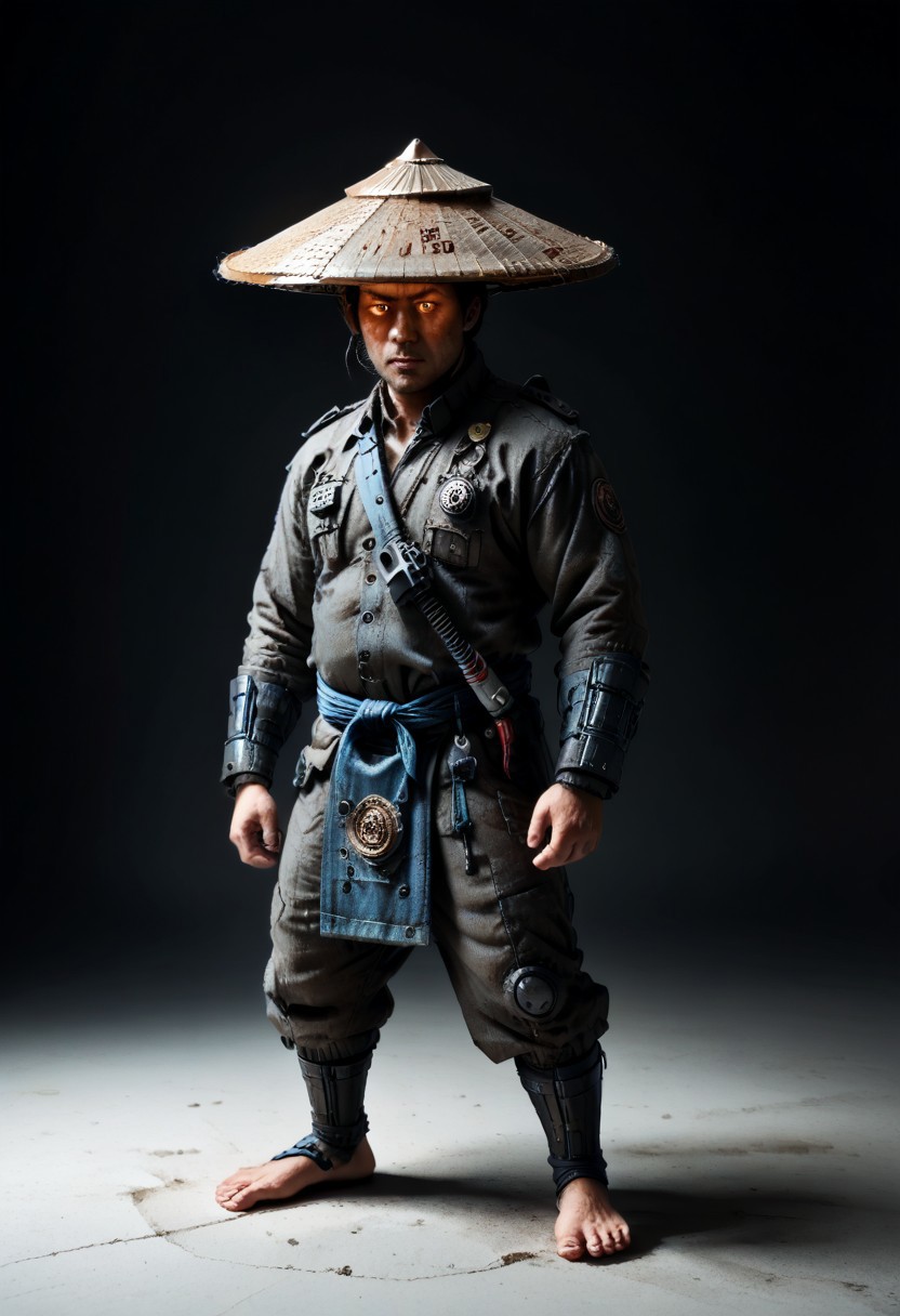 masterpiece, best quality, newest,
 eyecatching composition, dynamic pose, dynamic angles, detailed background of bamboo forest, Asian conical hat, strawhat, conical hat,
A Shadow faster than the light
Like cosmic fire his presence is
Shining in the night
Born from high technology
Too fast for human eyes to see
A soldier made of cyber steel
Create to kill the enemy
By neutreon power he is ready to strike
Can you feel the fire
See the anger in his burning eyes
He's the Super Sonic Samurai
By jetpack power he's ready to fly
He's the Super Sonic Samurai
Laser Katana high up to the sky
For the Super! Sonic Samurai!
barefoot plantigrade furry male, panda bear, chubby