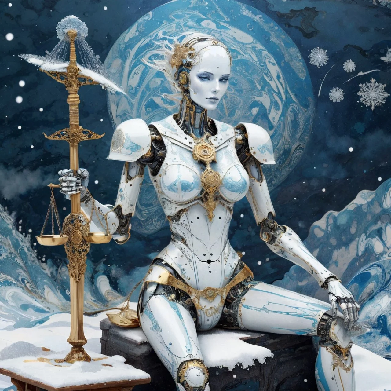 (xlomrblng:0.8) Decadent Movement, magnificent Tarot Justice, a seated retro female robot holding a balance scale and a sword, very detailed, intricate, (snowing:1.21) <lora:xlomrblng:1>