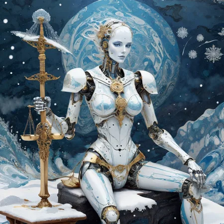 (xlomrblng:0.8) Decadent Movement, magnificent Tarot Justice, a seated retro female robot holding a balance scale and a sword, very detailed, intricate, (snowing:1.21) <lora:xlomrblng:1>