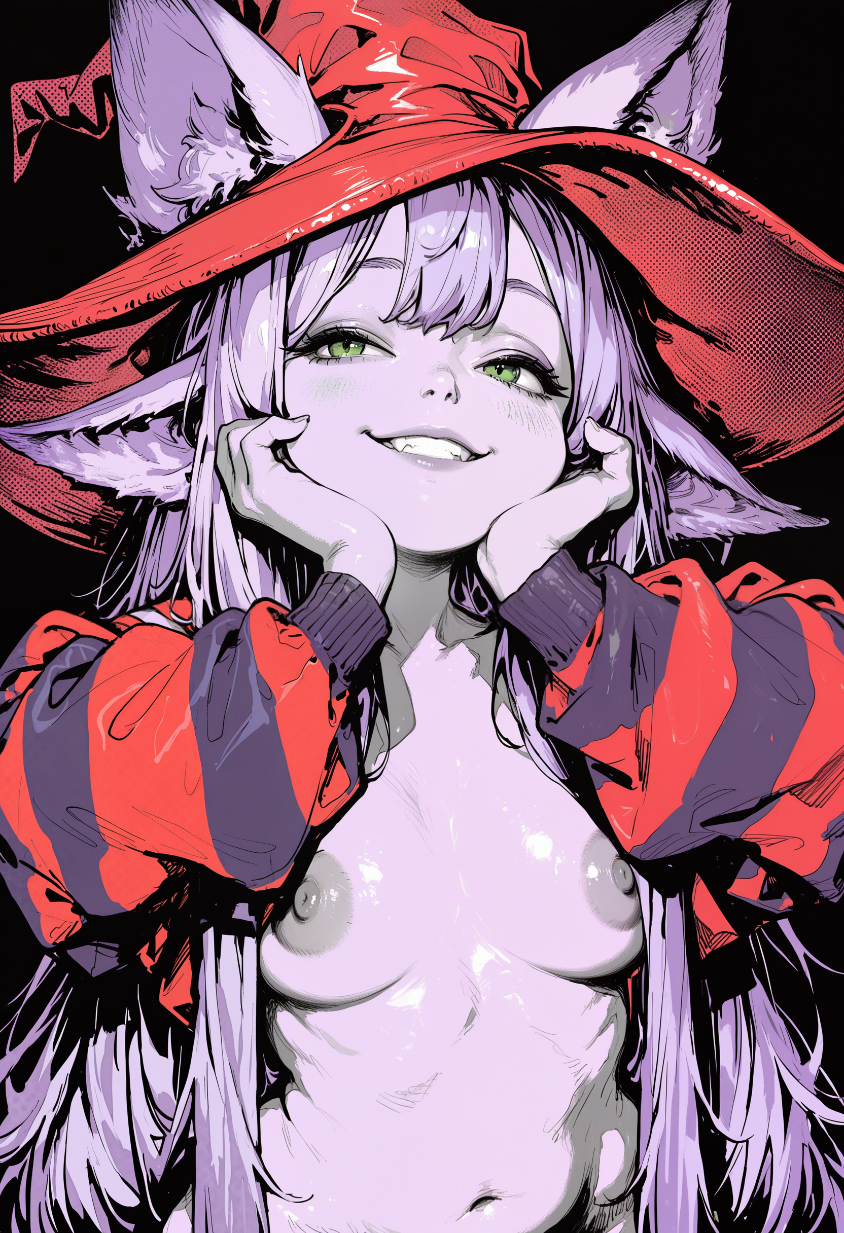 safe_pos, masterpiece, best quality, 32k, high resolution, absurdres, HD32k, masterpiece, extremely detailed, 1girl,zzLulu, long hair, purple hair, green eyes, animal ears, witch hat, purple skin, ears through headwear, very long hair,  long sleeves, hat, dress, red dress, red headwear, ears through headwear, striped sleeves, yordle,perfectly composed, clear, highres,((2D)),cleavage,simple background, artist:moriimee, 748cmstyle,simple background, realistic, halftone, high contrast,border,nude,naked,big nipples,hip bones,pubes,small breasts,petite body,shortstack,chubby,monochrome
smile, eye level, standing, hands down, gentle smile, confident, gentle, relaxed pose, front view,