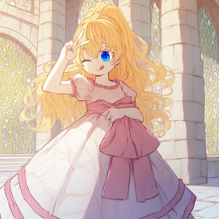 score_9, solo, athanasia, blonde hair, long hair, blue eyes, dress, ponytail, one eye closed, tongue, v, courtyard, castle