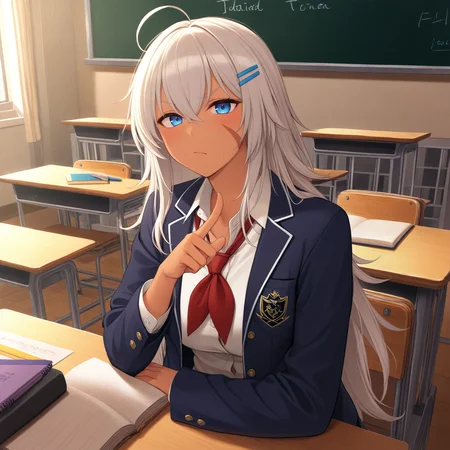 safe, masterpiece, best quality, school, classroom
BREAK indiana, face scar, school uniform, sitting, desk, bored, notebook, pencil
 <lora:Indiana_NAIXL_v11:0.8>