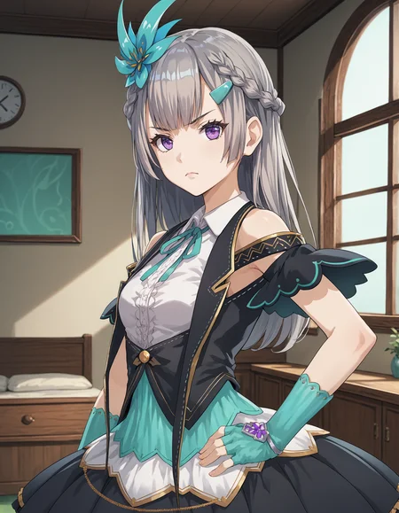 score_9, score_8_up, source_anime, 1girl, upper body, medium shot, detailed, mgrcshizumikonoha, grey hair, long hair, half up braid, purple eyes, looking at viewer, aqua hair flower, aqua hairpin, white dress, shoulder cutout, aqua neck ribbon, black vest, black skirt, aqua fingerless gloves, purple wrist gem, hand on hip, hand in hair, serious, indoors, (side view:0.7), <lora:mgrcshizumikonoha_XL:0.9>