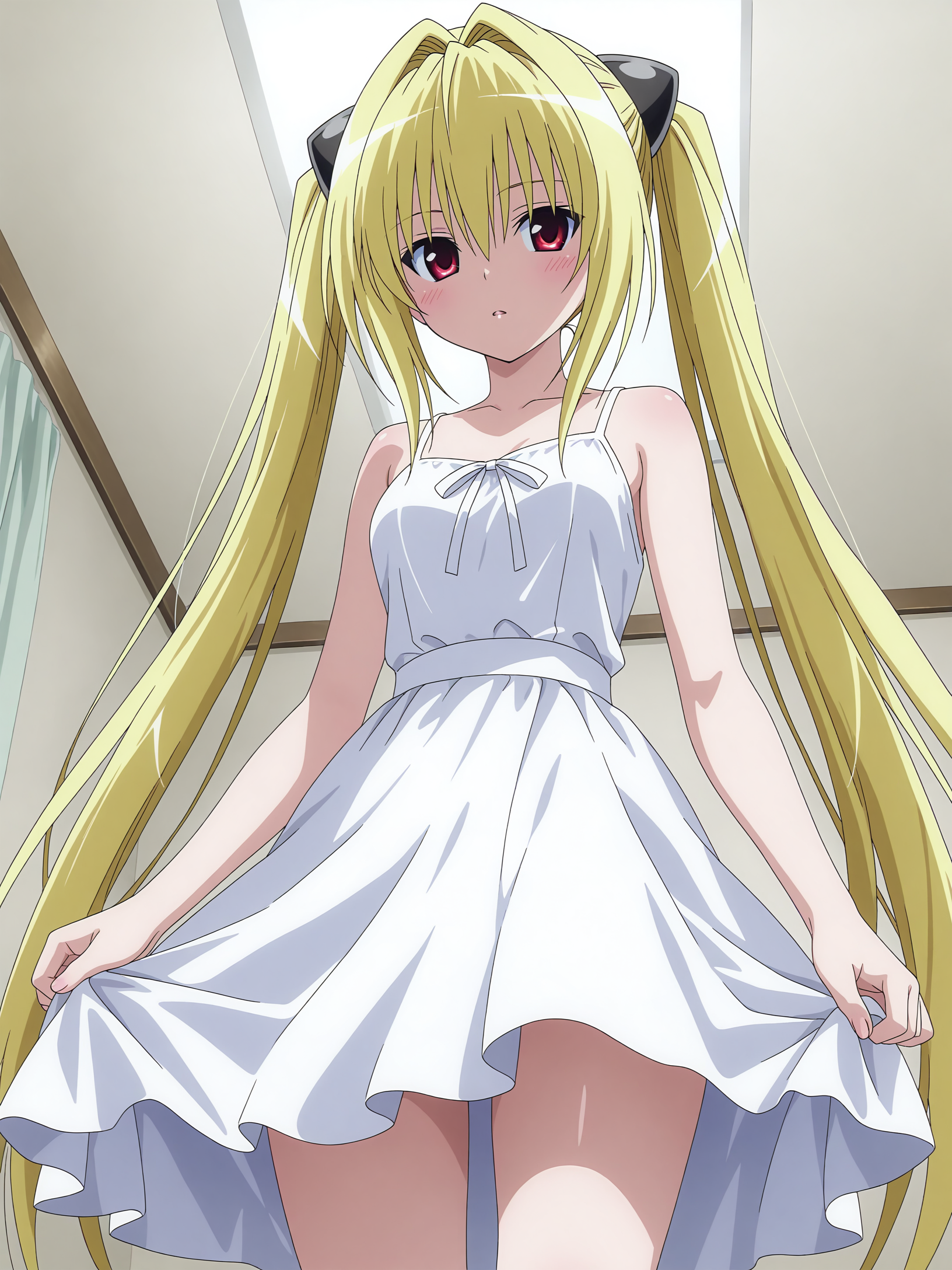 <lora:Konjiki no Yami_1:0.9>,yami,twintails,white dress,