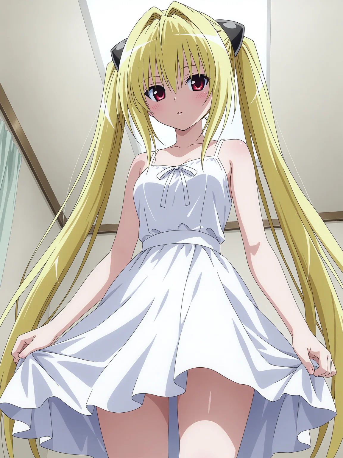 <lora:Konjiki no Yami_1:0.9>,yami,twintails,white dress,