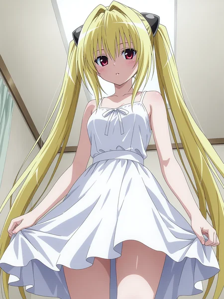 <lora:Konjiki no Yami_1:0.9>,yami,twintails,white dress,
