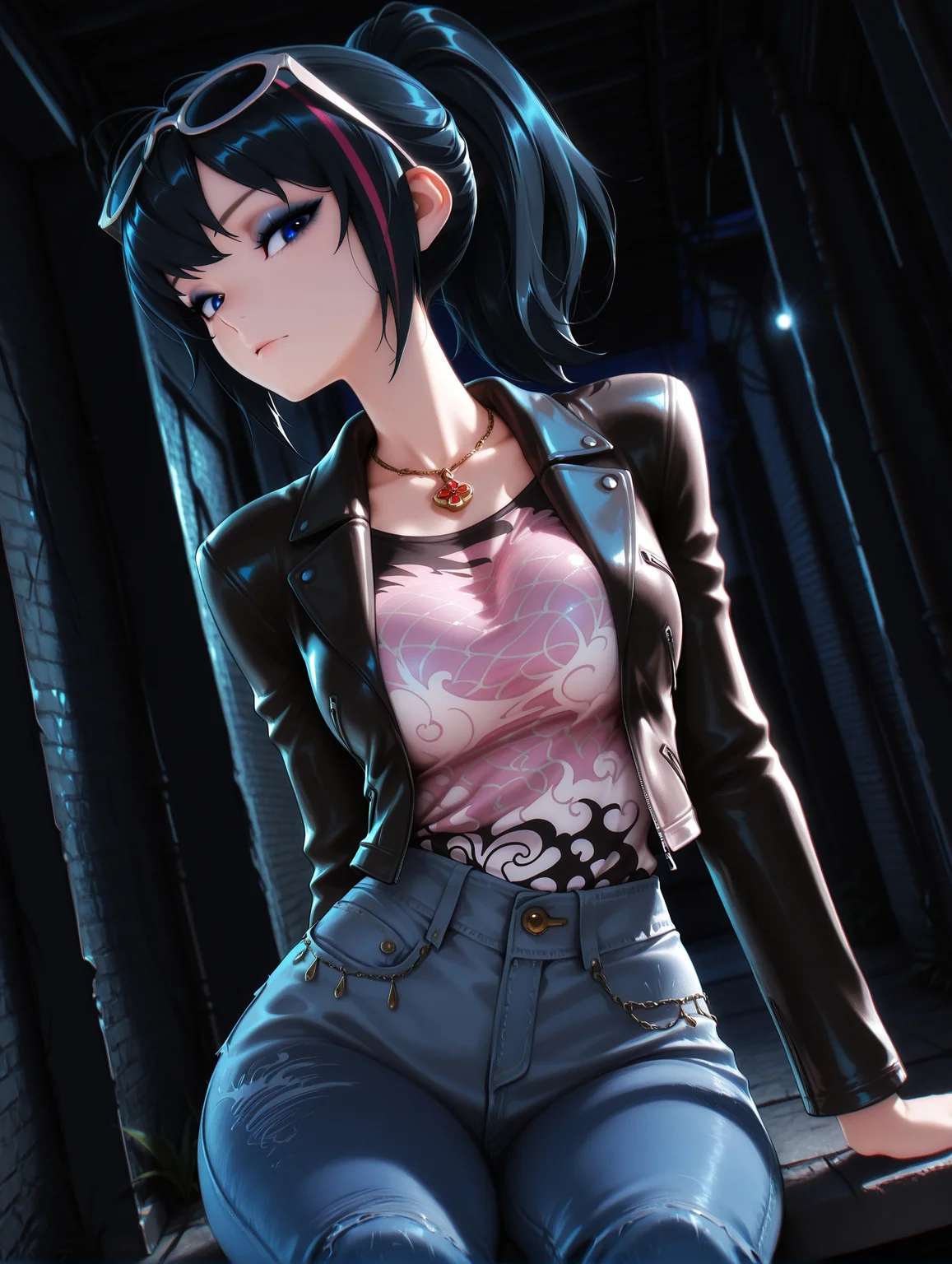 masterpiece, very aesthetic, best quality, hiper-detailed, intricate details, dramatic light, dynamic light, rich colors, solo, sexy girl, wide hips, cowboy shot, looking back, dynamic angle, medium breast, dark, darkness, night, Imtdfeiwu, 1girl, black hair, multicolored hair, jacket, eyewear on head, sunglasses, ponytail, leather jacket, black jacket, pants, denim pants, streaked hair, shirt, open jacket, bangs, necklace, long sleeves, eyeshadow, cute, sitting, flirtatious, looking at viewer