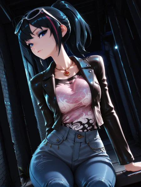 masterpiece, very aesthetic, best quality, hiper-detailed, intricate details, dramatic light, dynamic light, rich colors, solo, sexy girl, wide hips, cowboy shot, looking back, dynamic angle, medium breast, dark, darkness, night, Imtdfeiwu, 1girl, black hair, multicolored hair, jacket, eyewear on head, sunglasses, ponytail, leather jacket, black jacket, pants, denim pants, streaked hair, shirt, open jacket, bangs, necklace, long sleeves, eyeshadow, cute, sitting, flirtatious, looking at viewer