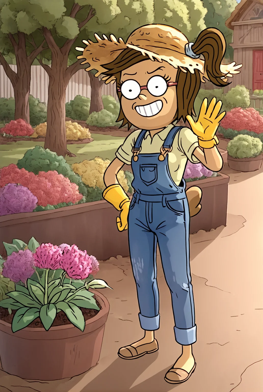 score_9, score_8_up, score_8,
<lora:Eileen_Roberts_Regular_Show_for_PonyXL:0.8> 1girl, furry female, eil33n, brown hair, glasses, side ponytail, tail,
parody, source_cartoon,
straw hat, overalls, garden, gardening, grin, waving, yellow gloves,