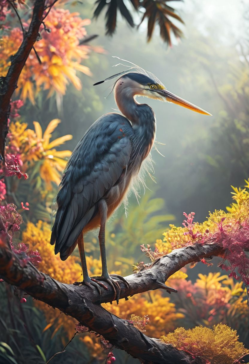 ( a heron sitting on a thick branch , glowing iridescent feathers ) , perfect composition , perfect eyes , shadows, glow, realistic, god ray , tropical forest  , peaceful , <lora:- SDXL - vanta-black_contrast_V3.0:0.8>. Detailed art, many details, cute, adorable, fairytale, storybook detailed illustration, cinematic, ultra highly detailed, beautiful details, vibrant colors, complex background, fine art, best quality, hyper detailed, professional poster art, bold lines, award winning, trending on ArtStation , (intricate details, masterpiece, best quality:1.4), aesthetic and beauty, astounding details, high depth of field, f/4, framing, breakthrough, collodion process, soft particles, ageless atmosphere, (maroon and marigold colors:0.1),dark, chiaroscuro, low-key,  <lora:TWbabeXL01:0.4>