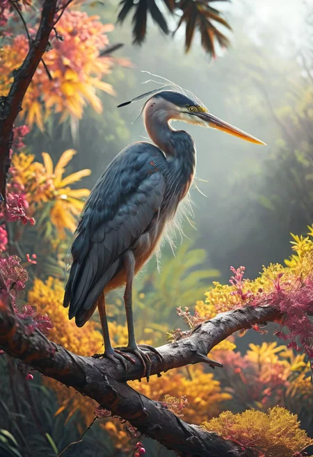 ( a heron sitting on a thick branch , glowing iridescent feathers ) , perfect composition , perfect eyes , shadows, glow, realistic, god ray , tropical forest  , peaceful , <lora:- SDXL - vanta-black_contrast_V3.0:0.8>. Detailed art, many details, cute, adorable, fairytale, storybook detailed illustration, cinematic, ultra highly detailed, beautiful details, vibrant colors, complex background, fine art, best quality, hyper detailed, professional poster art, bold lines, award winning, trending on ArtStation , (intricate details, masterpiece, best quality:1.4), aesthetic and beauty, astounding details, high depth of field, f/4, framing, breakthrough, collodion process, soft particles, ageless atmosphere, (maroon and marigold colors:0.1),dark, chiaroscuro, low-key,  <lora:TWbabeXL01:0.4>