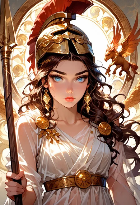 Stable_Yogis_PDXL_Positives, (score_9, score_8_up, score_7_up), ((zPDXL3)), ((zPDXLxxx)), ((Greek mythology style)), ((face focus, eye focus, dynamic angle, motion)), (1girl, solo), fantasy, (greek_athena, helmet ontop of head, brown hair, long hair, toga, armor, sandals), ((((sheer material, silk, semi-transparent clothes)))), (ancient greek clothes), (armor), (holding spear), lace, cape, breathless intimacy, tanned skin, petite model bombshell, heart, young, delicate features, narrow pointy nose, tiny nose, lust, big eyes, seductive eyes, blue eyes, detailed skin, flared lashes, mascara, makeup, perky huge breasts, athletic body, narrow waist, skinny hips, 
warm light, detailed, neon dark party
 BREAK
milky way, runes, arcane, astral, surreal, ethereal glow, masterpiece, best quality, intricate design. colorful, moonlit nightsky, stained glass aesthetic, moody whimsical color palette, murano glass, bold soldering lines, volumetric light shining through, crepuscular rays, intricate craftsmanship, detailed texture, luminous transparency, reflective light play, vivid hues, atmospheric depth, enchanting silhouette, art nouveau,