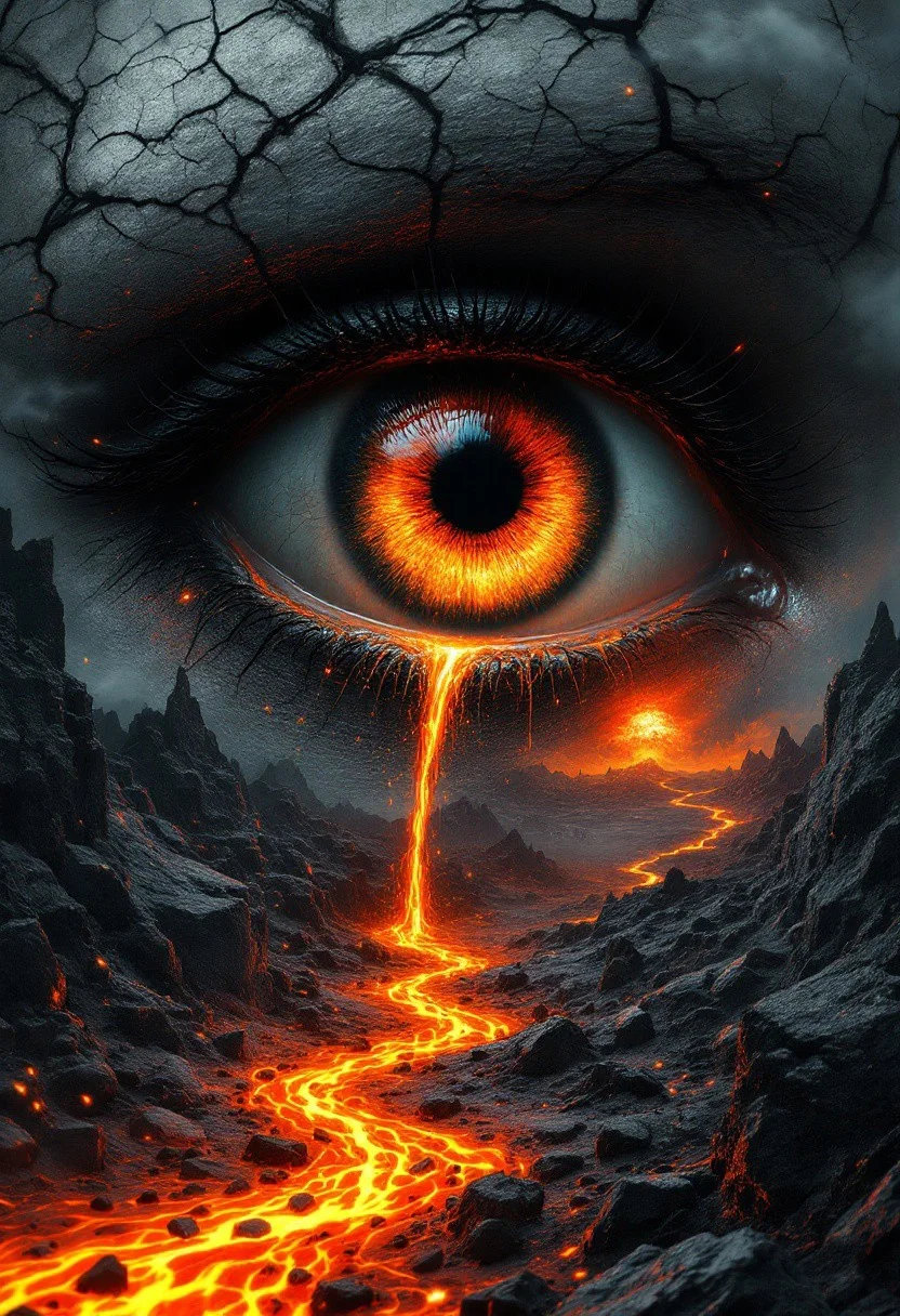 This digital artwork collage, in a surreal, abstract style, features a close-up of an eye with an intense, glowing orange iris, The eye is surrounded by cracked, textured patterns that blend into a chaotic, dark landscape.  lava streams from the eye like tears, desolate rocky terrain, with a fiery red glow in the distance, suggesting a stormy, apocalyptic scene. The composition uses leading lines and a dramatic contrast between the bright eye and dark, ominous background to create a sense of depth and tension.