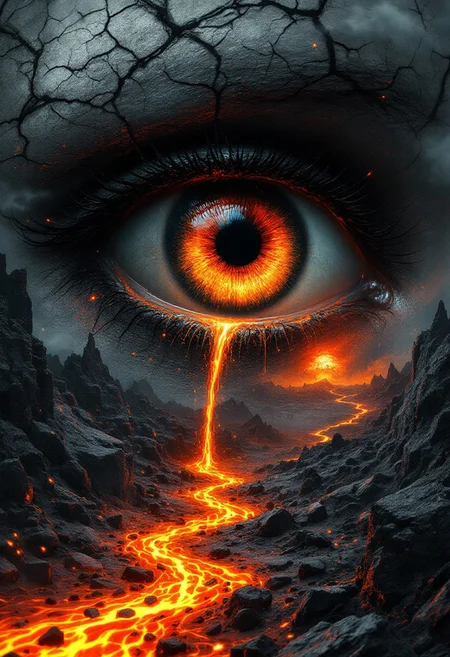 This digital artwork collage, in a surreal, abstract style, features a close-up of an eye with an intense, glowing orange iris, The eye is surrounded by cracked, textured patterns that blend into a chaotic, dark landscape. lava streams from the eye like tears, desolate rocky terrain, with a fiery red glow in the distance, suggesting a stormy, apocalyptic scene. The composition uses leading lines and a dramatic contrast between the bright eye and dark, ominous background to create a sense of depth and tension.