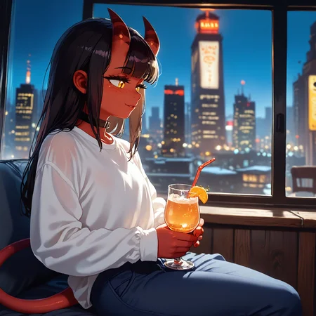 score_9, score_8_up score_7_up, score_6, BREAK masterpiece, high quality, perfecteyes, detailed background, depth of field, SkinDetail, cinematic lighting, shading, meruccubus, 1girl, 2d, red tail, horns, demon tail, long hair, black hair, choker, yellow_eyes, freckles, colored skin, red skin, demon_girl, flat chest, black outline, looking outside window, bottle, relaxing, holding glass cocktail, focus solo, on side, sitting window bench, long sleeves, white shirt, blue pants, shirt, indoors, building, interior, night sky, moon, city lights, city background, city theme, huge glass windows, smile