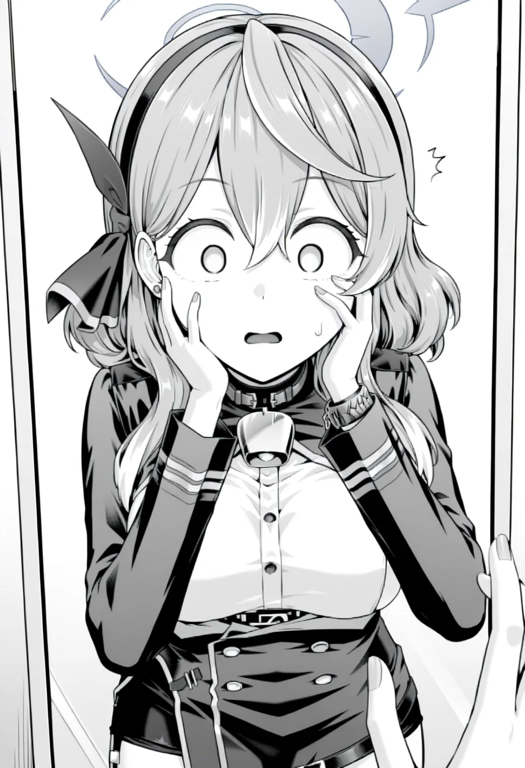 masterpiece, best quality, high resolution, source_anime, highly detailed illustration, detailed eyes, very aesthetic, absurdres, newest, amazing quality,
<lora:shitaniguchisanstylev1ill:1.0>, shitaniguchisan,
1girl, solo,
ako \(blue archive\), official art,
anime screencap, anime coloring,
monochrome, grey scale, wide-eyed, surprised, looking at mirror,
standing, solo focus, sweatdrop, pov, hand on own face, hand on own cheek,