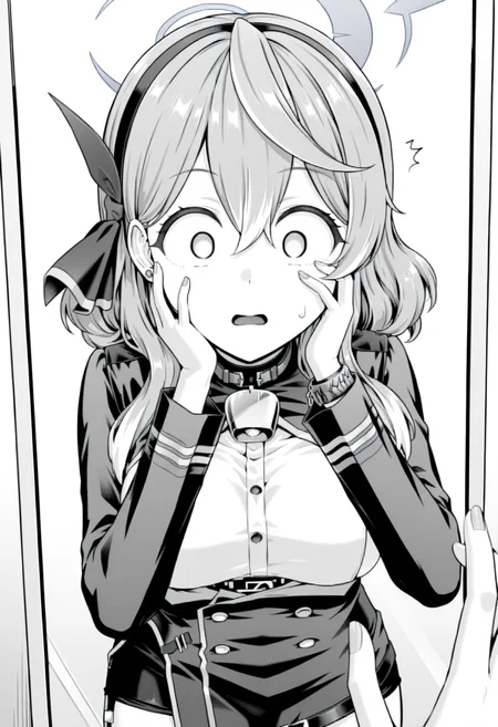 masterpiece, best quality, high resolution, source_anime, highly detailed illustration, detailed eyes, very aesthetic, absurdres, newest, amazing quality,
<lora:shitaniguchisanstylev1ill:1.0>, shitaniguchisan,
1girl, solo,
ako \(blue archive\), official art,
anime screencap, anime coloring,
monochrome, grey scale, wide-eyed, surprised, looking at mirror,
standing, solo focus, sweatdrop, pov, hand on own face, hand on own cheek,