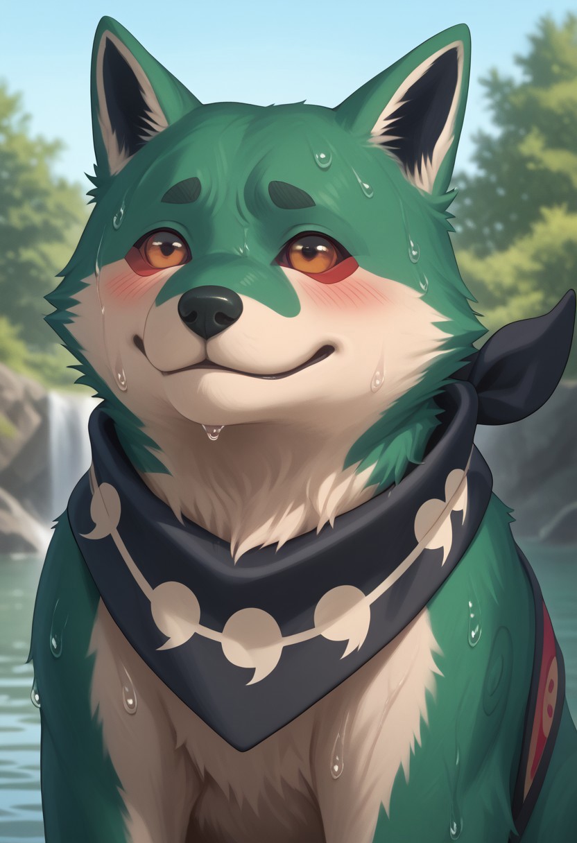 very detailed, highly detailed face, perfect face, perfect eyes, depth of field, perfect soft lighting, best shadows, perfect reflections, volumetric, detailed image,score_9, score_8_up, score_7_up, score_6_up,,dog, green fur, white fur accents, short fur, yellow sclera ,brown eyes, dark eyebrows, pointed ears, black nose, black bandana, red and black vest, yin-yang symbol, geometric patterns, muscular body,round nose,bushy tail,sweaty, excessive sweating, blushing, dynamic, immersive, perfect reflections, volumetric, detailed image, high resolution, muscular, strong chest, masterpiece, detailed face, , Expressiveh,,sexy expression, detailed sweat, sweaty, sexy expression, detailed sweat, close up, side angle, smug,smile,sun background,day,sky,