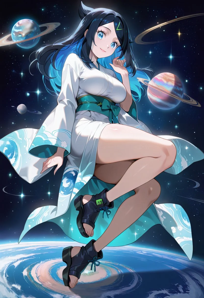 score_9, score_8_up, score_7_up,source_anime, 1girl, adult, women, aaliko, long hair, black hair, colored inner hair, hairclip, blue eyes, lipstick, kimono-dress, toeless footwear, eyelashes, big breasts, (facial expression, calm, light smile, looking down, head tilt, soft eyes), sparkling eyes, glitter eyes, dreamlike atmosphere, glowing edges, mystical, high contrast, ethereal light, light particles, gl0w, glow, detailed eyes, high definition eyes, blurry foreground, giantess, (planet size: 2.0), masterpiece, best quality, absurdres, ultra detailed, side view,