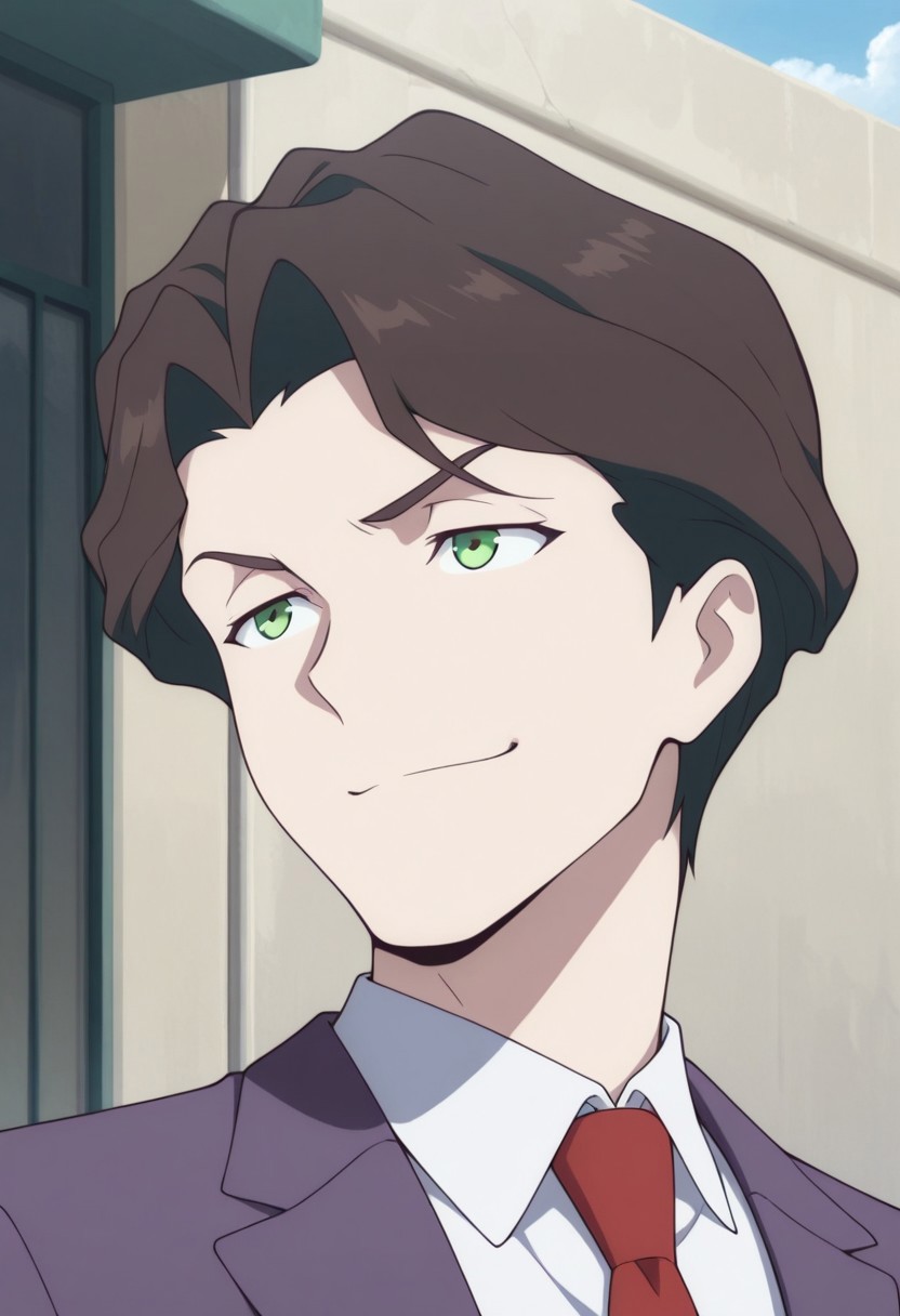 masterpiece,best quality,amazing quality, source_anime, 
AndrewHanbridge, 1boy, male focus, solo, green eyes, brown hair, shirt, white shirt, collared shirt, necktie, red necktie, jacket, purple jacket, portrait, smile,
outdoor,