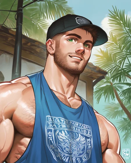 score_9, score_8_up, score_7_up, score_6_up, seamus, solo, short hair, green eyes, smile, sleeveless shirt, nipple slip, chest hair, muscular, big biceps, large pectorals, broad shoulders, closeup, (from below), summer, realistic, yur_oc_like_this_(meme), blake alexander style<lora:EMS-417275-EMS:0.700000>, <lora:EMS-402186-EMS:0.700000>, <lora:EMS-431591-EMS:0.750000>, <lora:EMS-398380-EMS:0.800000>